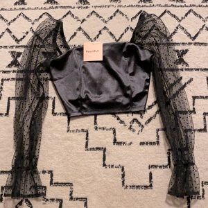 NWT Satin Crop Top with Mesh Polka Dot Sleeves